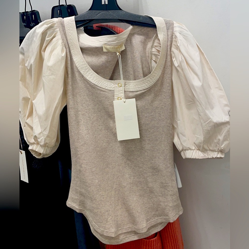 Ulla Johnson Cream and Tan Puff Sleeve Top